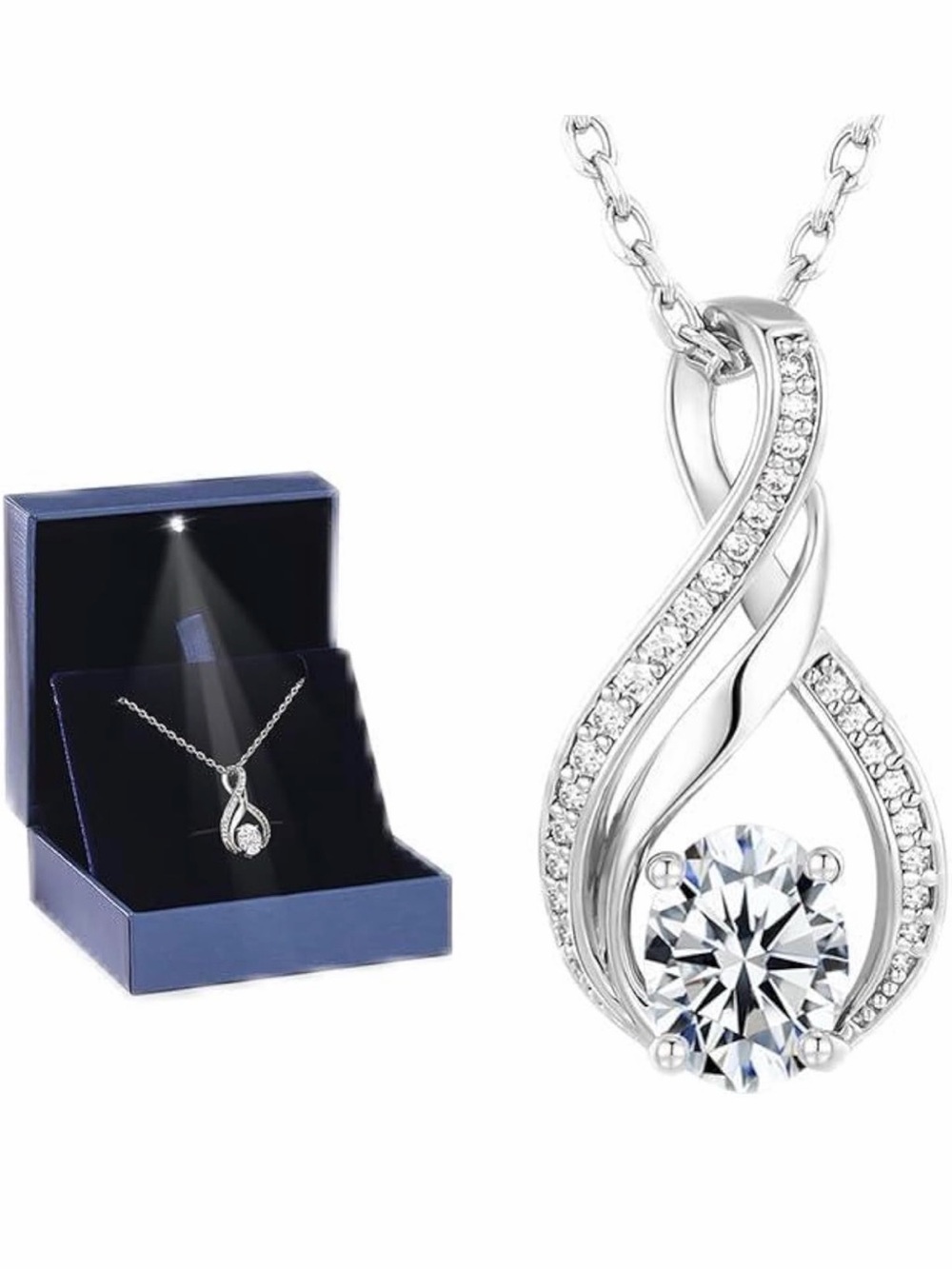 Silver Infinity Pendant Necklace with Clear Crystal Accent - Women Jewelry